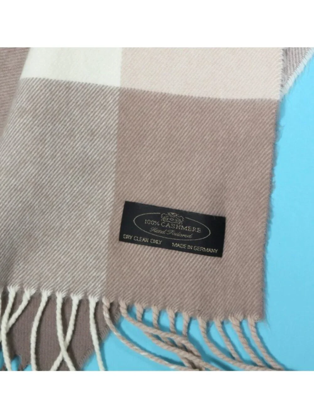 100% Cashmere Beige Cream Checkered Fringe Scarf made in Germany /520